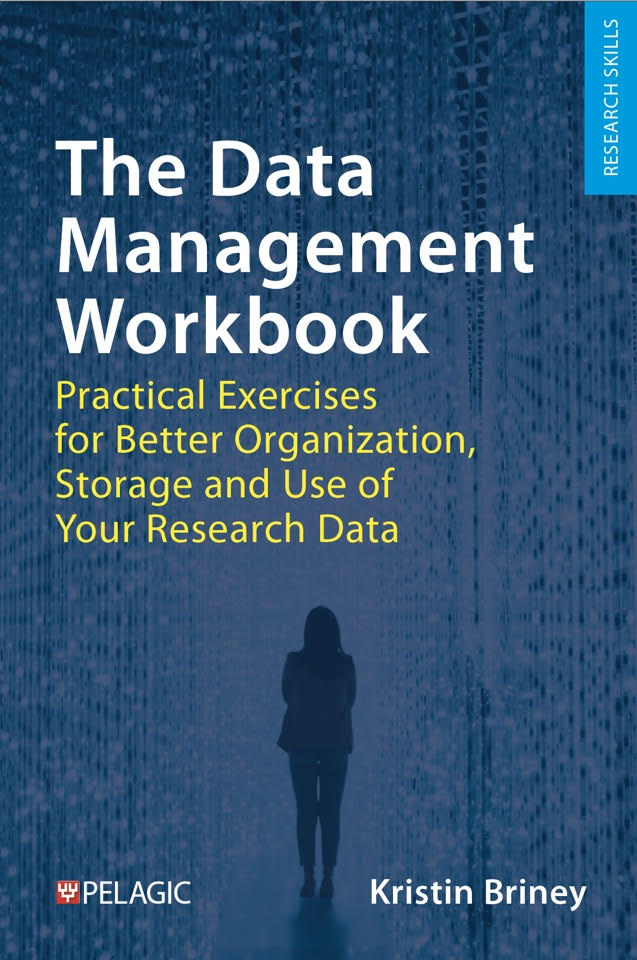 The Data Management Workbook front cover, a blue textured background with the silhouette of a woman